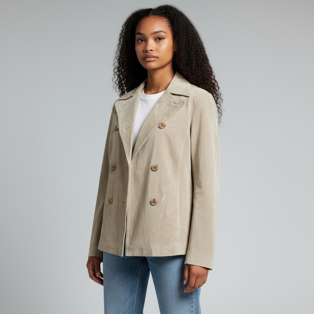 Vintage Beige Tan Suede Jacket Double Breasted Classic Casual Size M